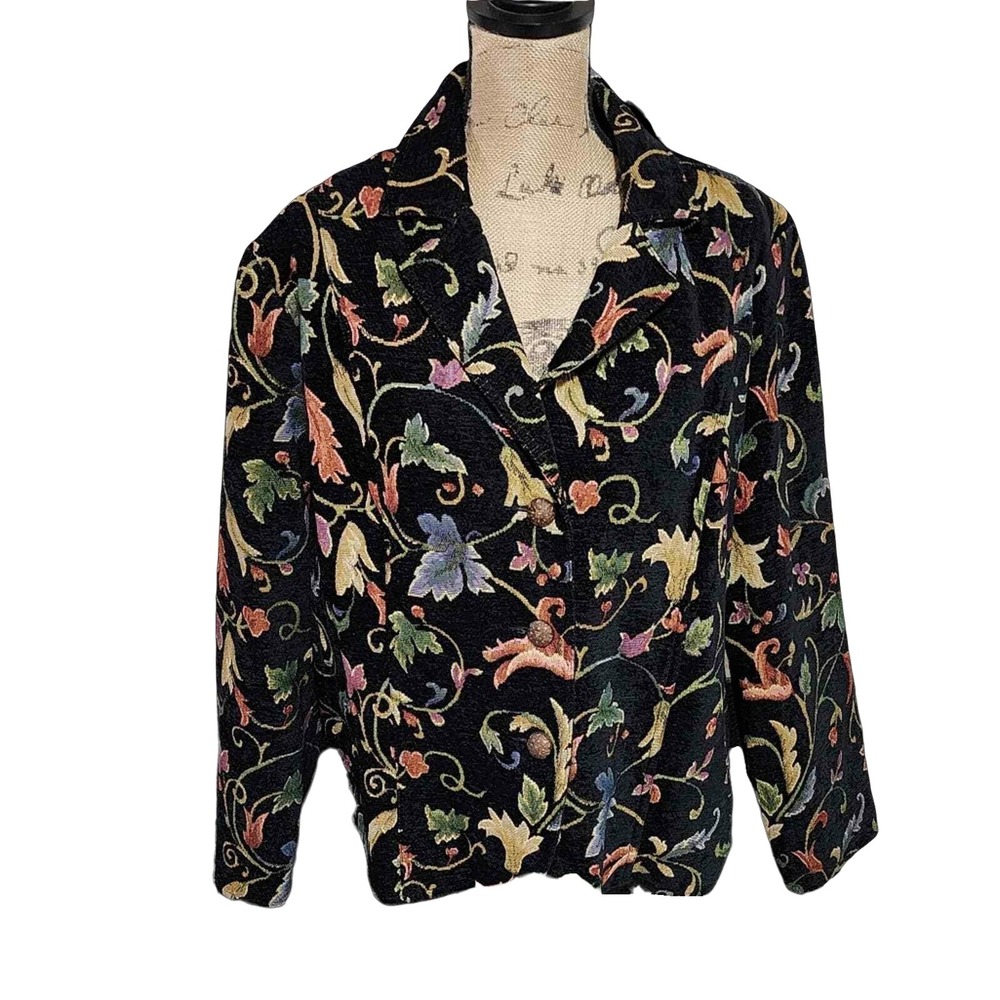 Erin London Womens Tapestry Floral Blazer Jacket Size 2X‎ Black Multi Color
